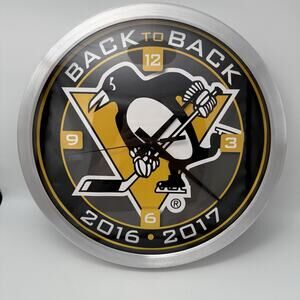WinCraft Chrome 14” Clock NHL Pittsburgh Penguins Back To Back Champions